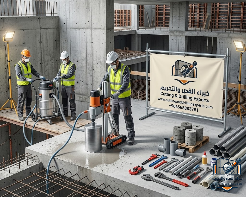 تخريم خرسانة للمواسير والكهرباء بالطائف باستخدام أجهزة الكور الماسي لتنفيذ فتحات السباكة والكهرباء والتمديدات بدقة عالية وبدون تكسير
